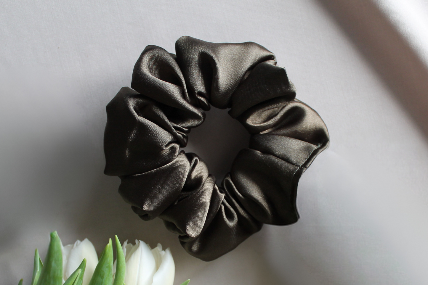Khaki satin scrunchie