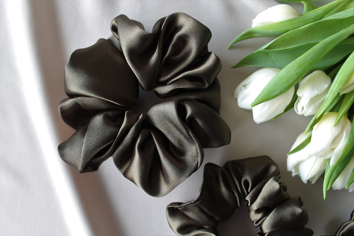 Khaki satin scrunchie