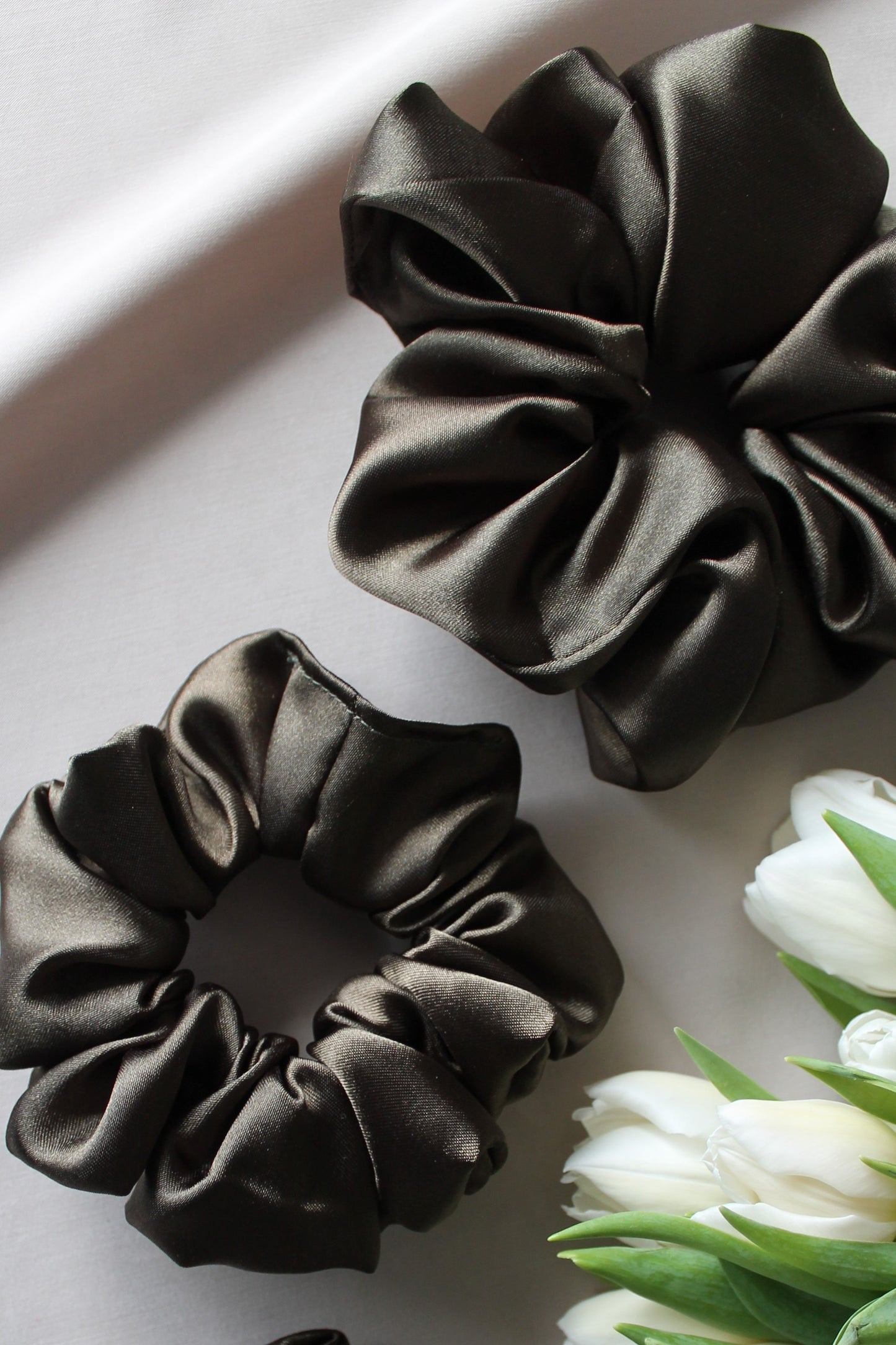 Khaki satin scrunchie